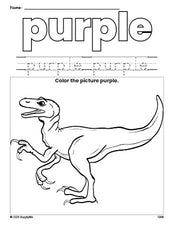 Free t-rex color purple coloring page and color worksheet, purple worksheet for preschoolers to learn colors, printable PDF