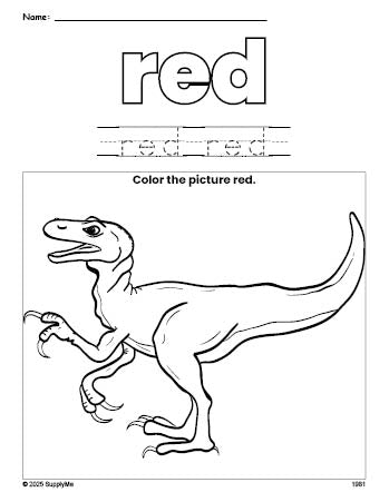 Free t-rex color red coloring page and color worksheet, red worksheet for preschoolers to learn colors, printable PDF