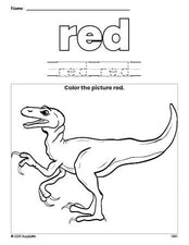 Free t-rex color red coloring page and color worksheet, red worksheet for preschoolers to learn colors, printable PDF