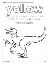 Free t-rex color yellow coloring page and color worksheet, yellow worksheet for preschoolers to learn colors, printable PDF