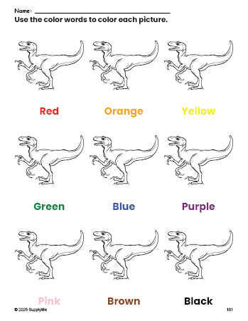 Free t-rex coloring page and color worksheet for preschoolers to learn colors, printable PDF