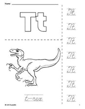 Free printable t-rex coloring page and cursive letter tracing worksheet, letter t worksheet for preschool, pre-k, and kindergarten, PDF