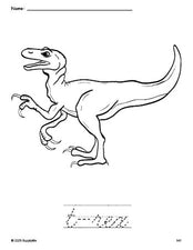 Free printable t-rex coloring page and cursive word tracing worksheet, perfect for preschool, pre-k, and kindergarten, PDF