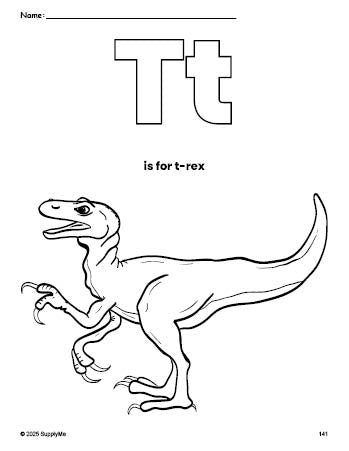 Free printable t-rex coloring page, letter t coloring page for preschool, pre-k, and kindergarten, PDF