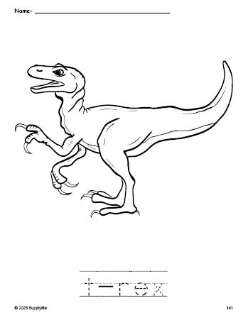 Free printable t-rex coloring page and word tracing worksheet, perfect for preschool, pre-k, and kindergarten, PDF