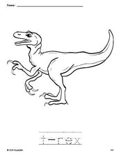 Free printable t-rex coloring page and word tracing worksheet, perfect for preschool, pre-k, and kindergarten, PDF