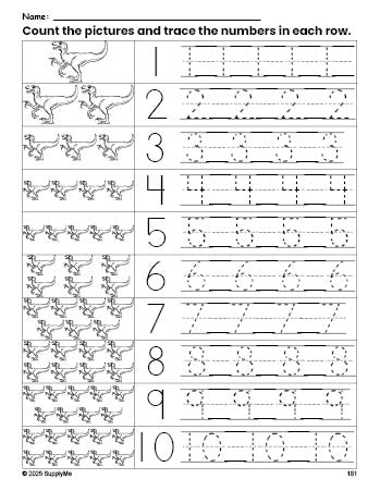 Free printable t-rex counting worksheet for preschool and pre-k with number tracing practice 1-10, PDF