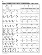 Free printable t-rex counting worksheet for preschool and pre-k with number tracing practice 1-10, PDF