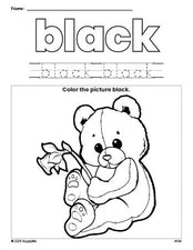 Free teddy bear color black coloring page and color worksheet, black worksheet for preschoolers to learn colors, printable PDF