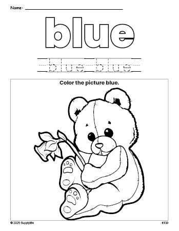 Free teddy bear color blue coloring page and color worksheet, blue worksheet for preschoolers to learn colors, printable PDF