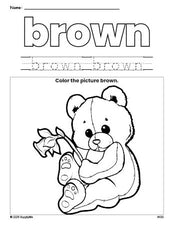 Free teddy bear color brown coloring page and color worksheet, brown worksheet for preschoolers to learn colors, printable PDF