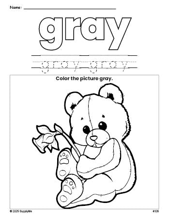 Free teddy bear color gray coloring page and color worksheet, gray worksheet for preschoolers to learn colors, printable PDF