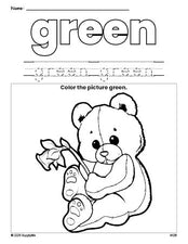 Free teddy bear color green coloring page and color worksheet, green worksheet for preschoolers to learn colors, printable PDF