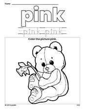 Free teddy bear color pink coloring page and color worksheet, pink worksheet for preschoolers to learn colors, printable PDF