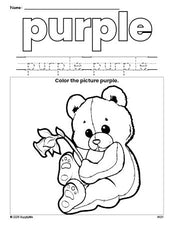 Free teddy bear color purple coloring page and color worksheet, purple worksheet for preschoolers to learn colors, printable PDF