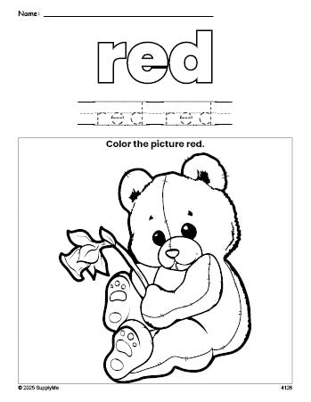 Free teddy bear color red coloring page and color worksheet, red worksheet for preschoolers to learn colors, printable PDF