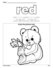 Free teddy bear color red coloring page and color worksheet, red worksheet for preschoolers to learn colors, printable PDF