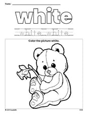 Free teddy bear color white coloring page and color worksheet, white worksheet for preschoolers to learn colors, printable PDF