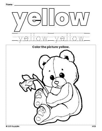 Free teddy bear color yellow coloring page and color worksheet, yellow worksheet for preschoolers to learn colors, printable PDF