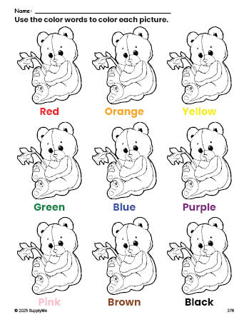 Free teddy bear coloring page and color worksheet for preschoolers to learn colors, printable PDF