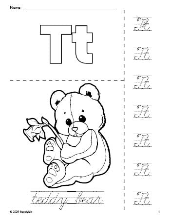 Free printable teddy bear coloring page and cursive letter tracing worksheet, letter t worksheet for preschool, pre-k, and kindergarten, PDF