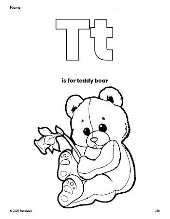 Free printable teddy bear coloring page, letter t coloring page for preschool, pre-k, and kindergarten, PDF