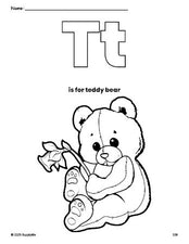 Free printable teddy bear coloring page, letter t coloring page for preschool, pre-k, and kindergarten, PDF