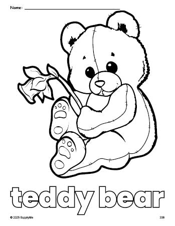 Free printable teddy bear coloring page for preschool, pre-k, and kindergarten, PDF