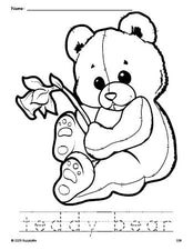 Free printable teddy bear coloring page and word tracing worksheet, perfect for preschool, pre-k, and kindergarten, PDF