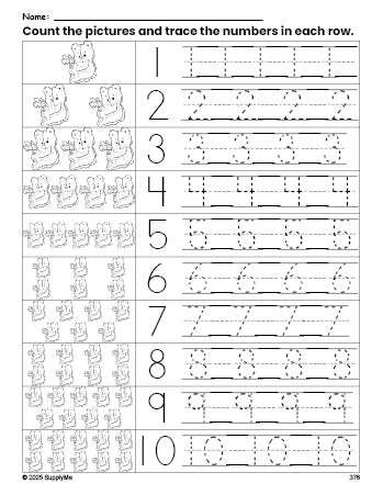 Free printable teddy bear counting worksheet for preschool and pre-k with number tracing practice 1-10, PDF