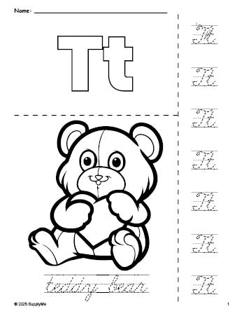 Free printable teddy bear Valentine's Day coloring page and cursive letter tracing worksheet, letter t worksheet for preschool, pre-k, and kindergarten, PDF