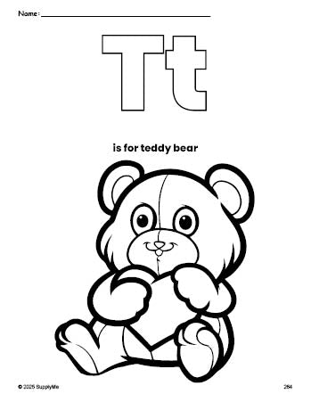 Free printable teddy bear Valentine's Day coloring page, letter t coloring page for preschool, pre-k, and kindergarten, PDF