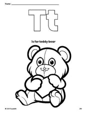 Free printable teddy bear Valentine's Day coloring page, letter t coloring page for preschool, pre-k, and kindergarten, PDF