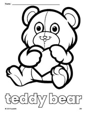 Free printable teddy bear Valentine's Day coloring page for preschool, pre-k, and kindergarten, PDF