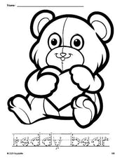 Free printable teddy bear Valentine's Day coloring page and word tracing worksheet, letter formation guides, perfect for preschool, pre-k, and kindergarten, PDF