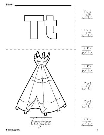 Free printable teepee Thanksgiving coloring page and cursive letter tracing worksheet, letter t worksheet for preschool, pre-k, and kindergarten, PDF