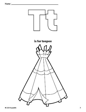 Free printable teepee Thanksgiving coloring page, letter t coloring page for preschool, pre-k, and kindergarten, PDF