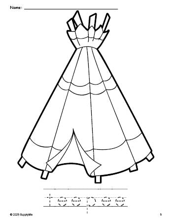 Free printable teepee Thanksgiving coloring page and word tracing worksheet, perfect for preschool, pre-k, and kindergarten, PDF