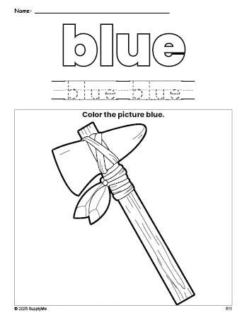 Free Thanksgiving axe color blue coloring page and color worksheet, blue worksheet for preschoolers to learn colors, printable PDF