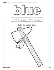 Free Thanksgiving axe color blue coloring page and color worksheet, blue worksheet for preschoolers to learn colors, printable PDF