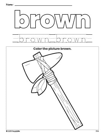 Free Thanksgiving axe color brown coloring page and color worksheet, brown worksheet for preschoolers to learn colors, printable PDF