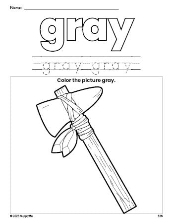 Free Thanksgiving axe color gray coloring page and color worksheet, gray worksheet for preschoolers to learn colors, printable PDF