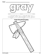 Free Thanksgiving axe color gray coloring page and color worksheet, gray worksheet for preschoolers to learn colors, printable PDF