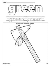 Free Thanksgiving axe color green coloring page and color worksheet, green worksheet for preschoolers to learn colors, printable PDF