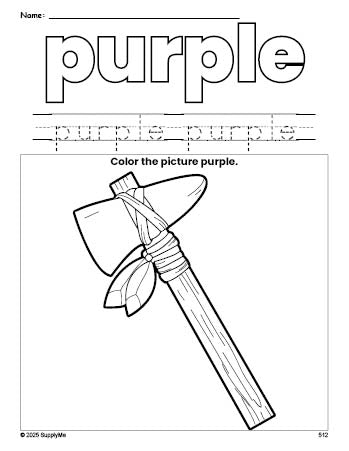 Free Thanksgiving axe color purple coloring page and color worksheet, purple worksheet for preschoolers to learn colors, printable PDF