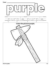 Free Thanksgiving axe color purple coloring page and color worksheet, purple worksheet for preschoolers to learn colors, printable PDF