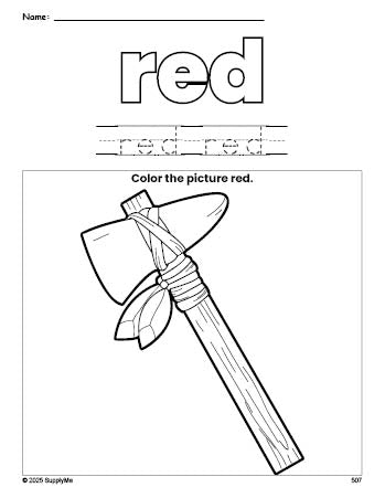 Free Thanksgiving axe color red coloring page and color worksheet, red worksheet for preschoolers to learn colors, printable PDF