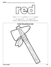 Free Thanksgiving axe color red coloring page and color worksheet, red worksheet for preschoolers to learn colors, printable PDF