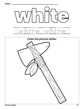 Free Thanksgiving axe color white coloring page and color worksheet, white worksheet for preschoolers to learn colors, printable PDF