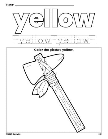 Free Thanksgiving axe color yellow coloring page and color worksheet, yellow worksheet for preschoolers to learn colors, printable PDF